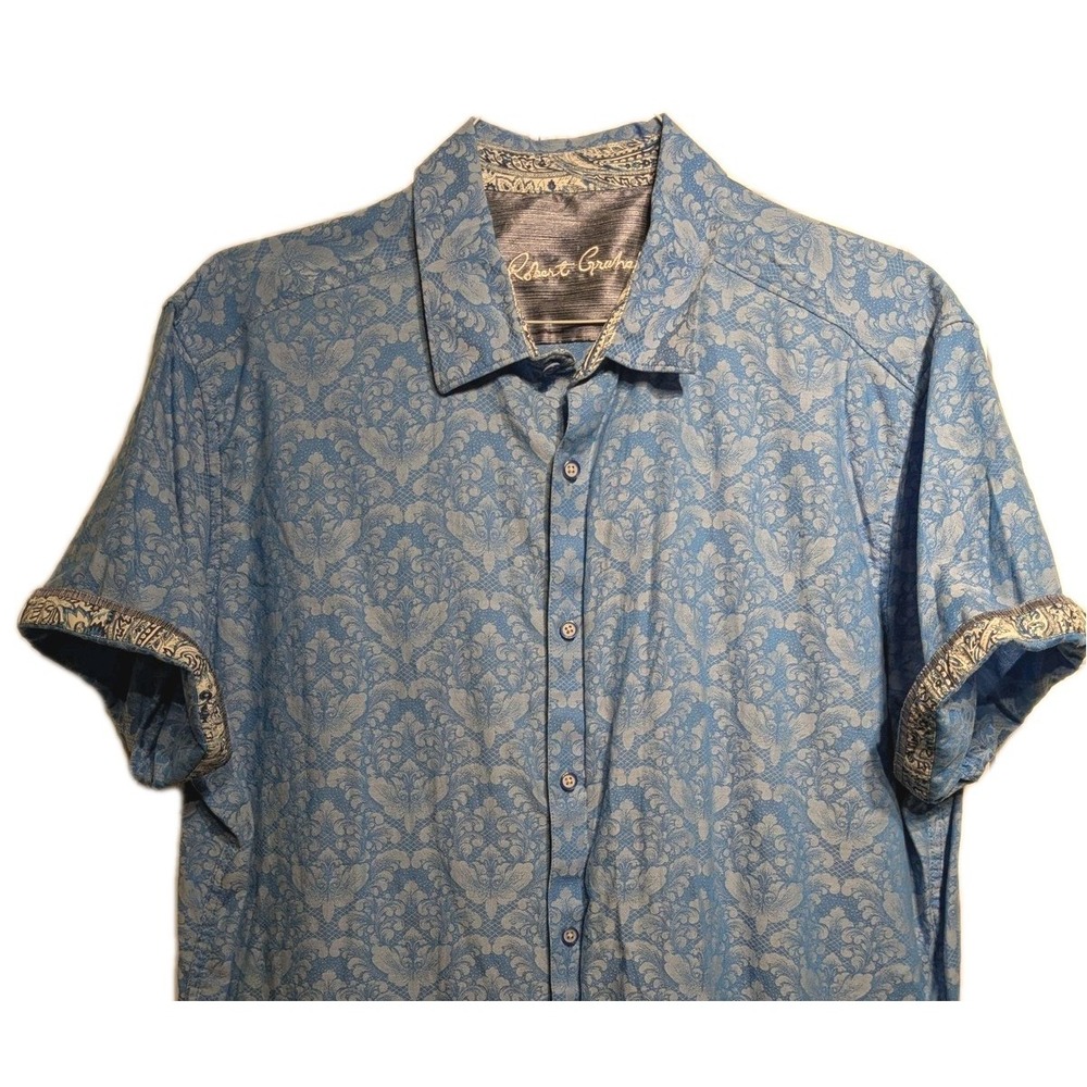 Robert Graham Shirt Men 3XL Fits 2XL Floral Jacquard Short Sleeve Flip Cuff EUC
